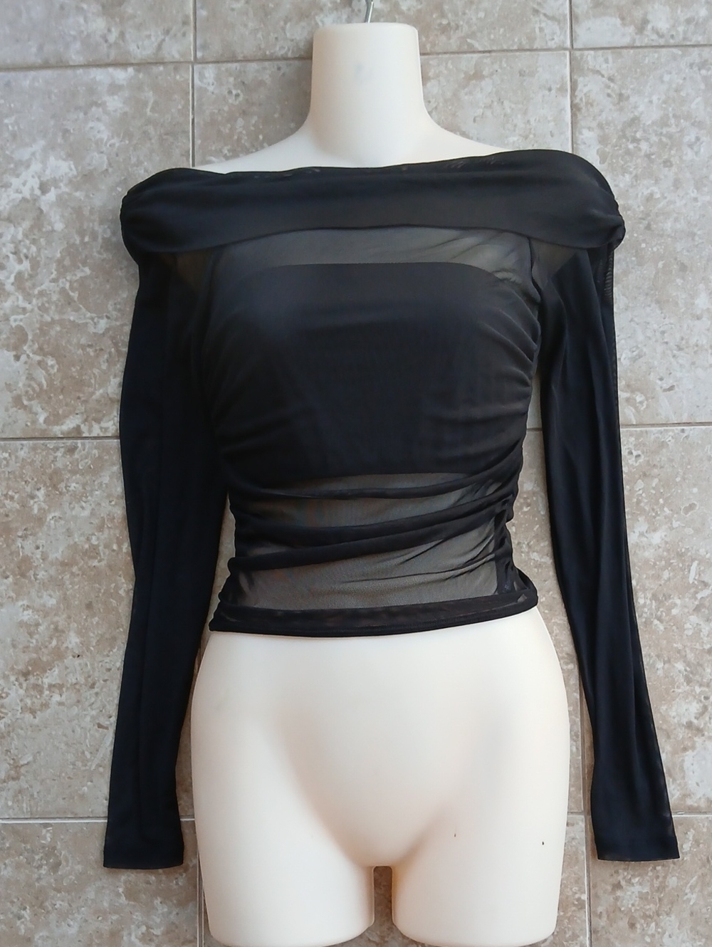 ASOS Black Off-Shoulder Sheer Mesh Long-Sleeve Crop Top